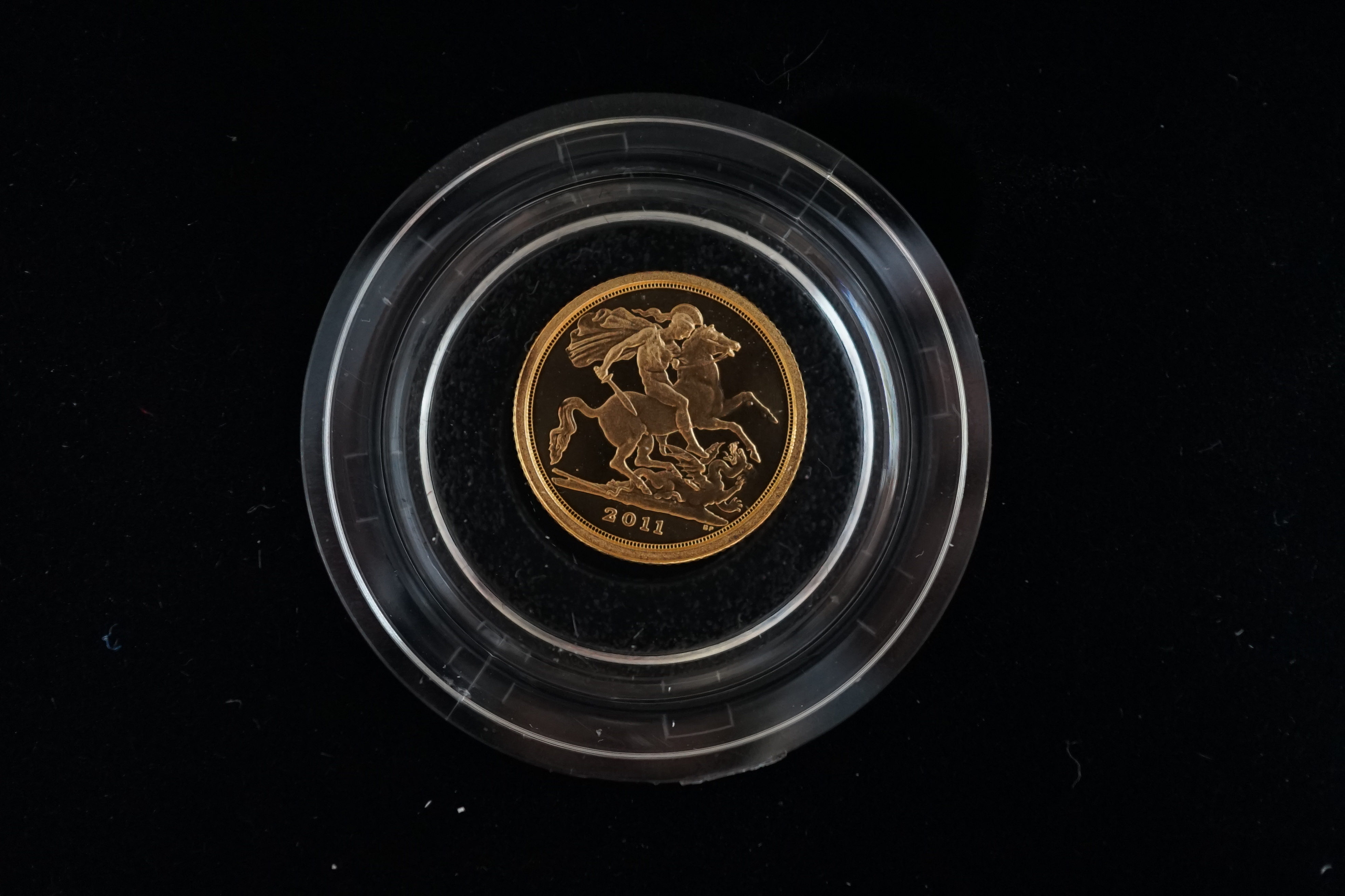 British gold coins, Elizabeth II, 2011 gold proof Sovereign three coin collection; sovereign, half sovereign and quarter sovereign, St. George and the dragon, in case of issue with certificate